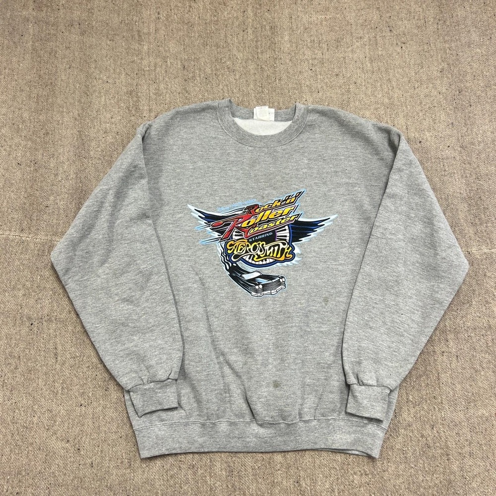 Vintage Disney Aerosmith Rollercoaster Sweater Mens Large Gray 2000s